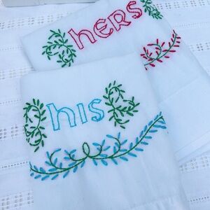 Vintage Cotton Embroidered Floral His Hers Standard Pillowcase Set Of 2